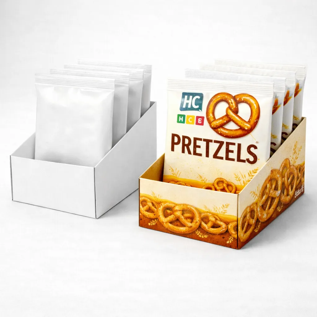 Two sliding drawer-style sleeve boxes, one plain white and one featuring teal wave patterns and branding. class=